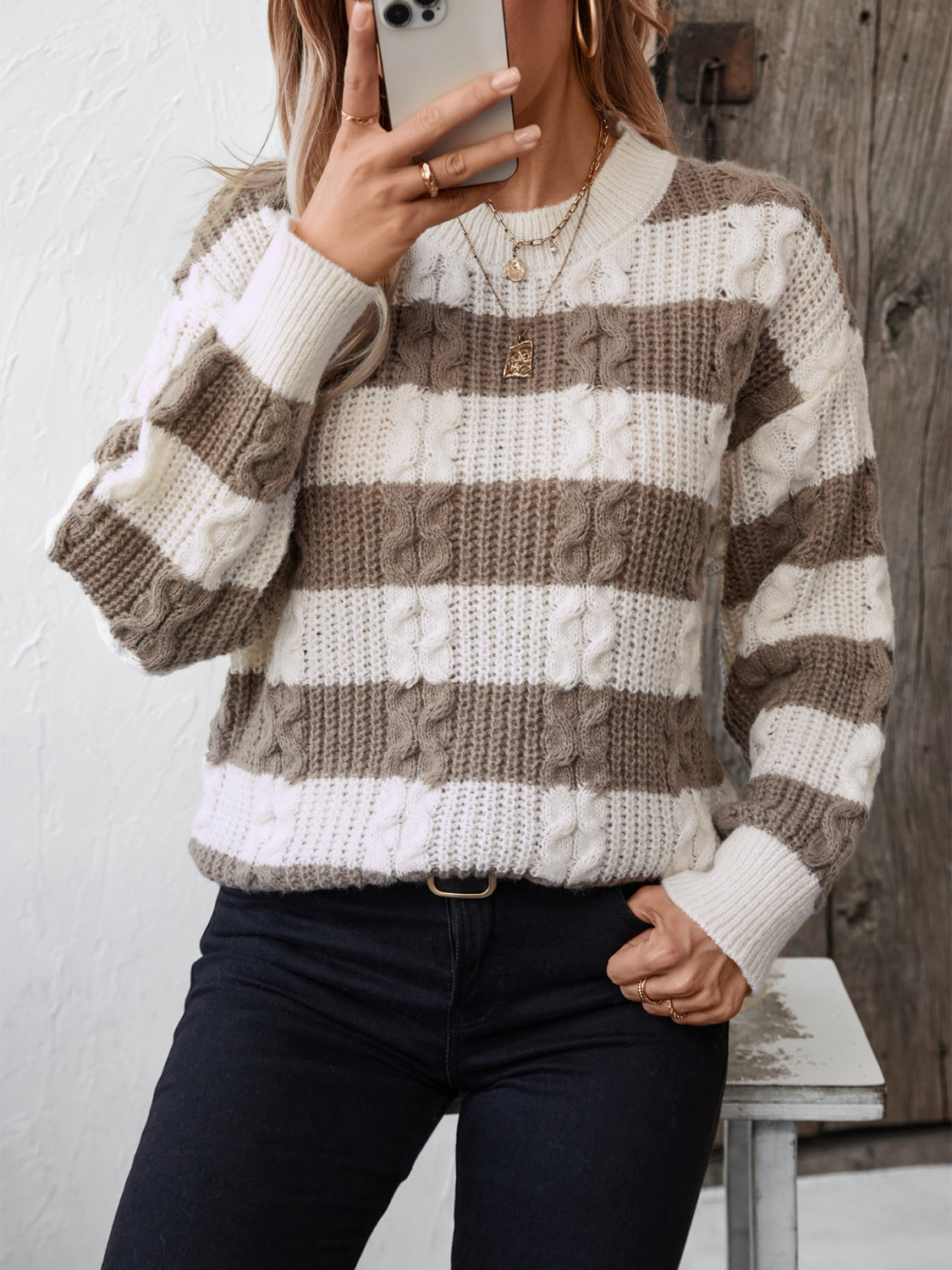 Striped Round Neck Long Sleeve Sweater - Siennasass