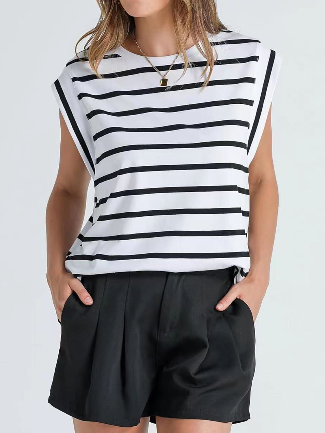 Striped Round Neck Cap Sleeve T-Shirt - Siennasass