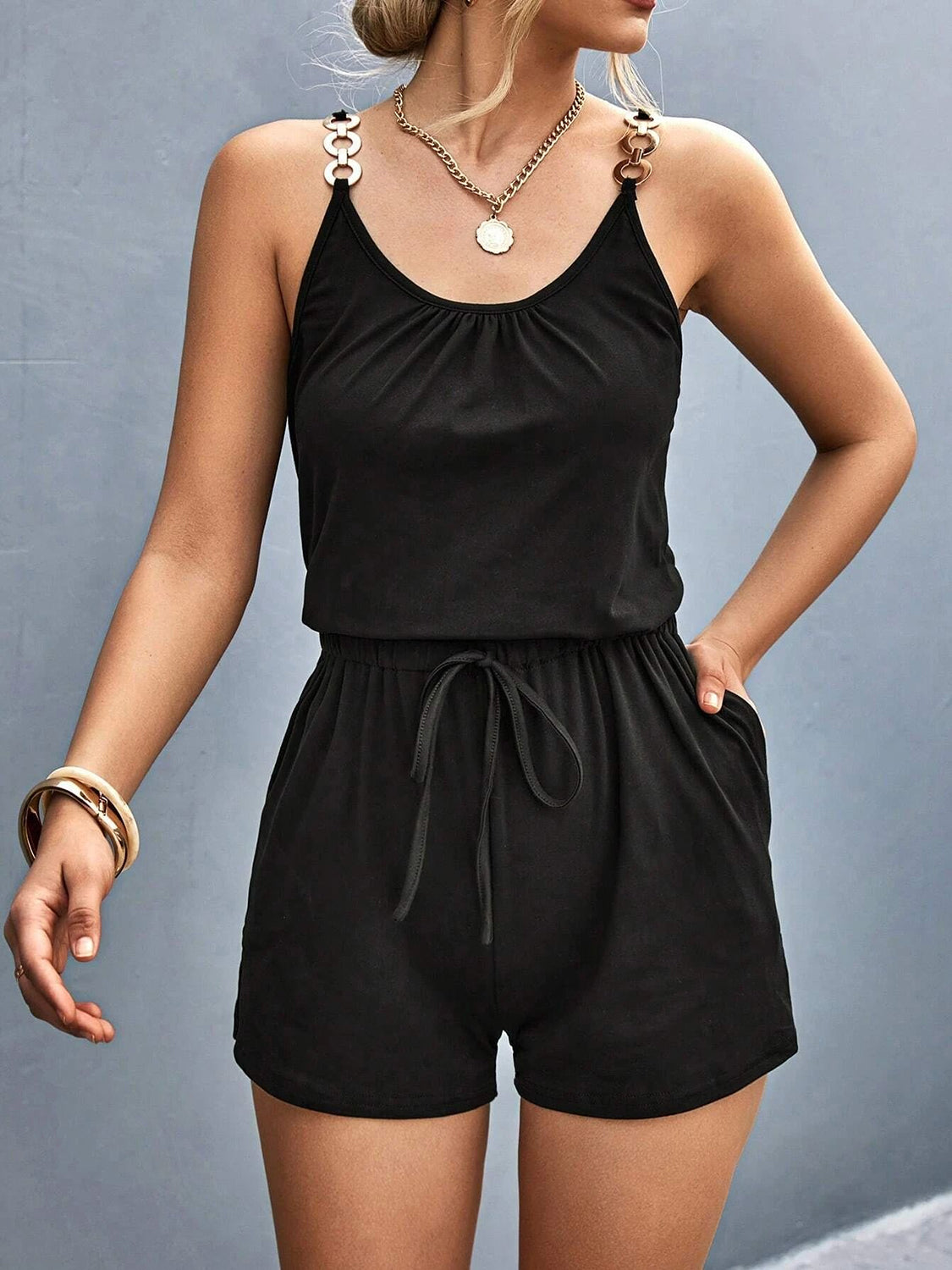 Pocketed Buckle Trim Scoop Neck Romper - Siennasass