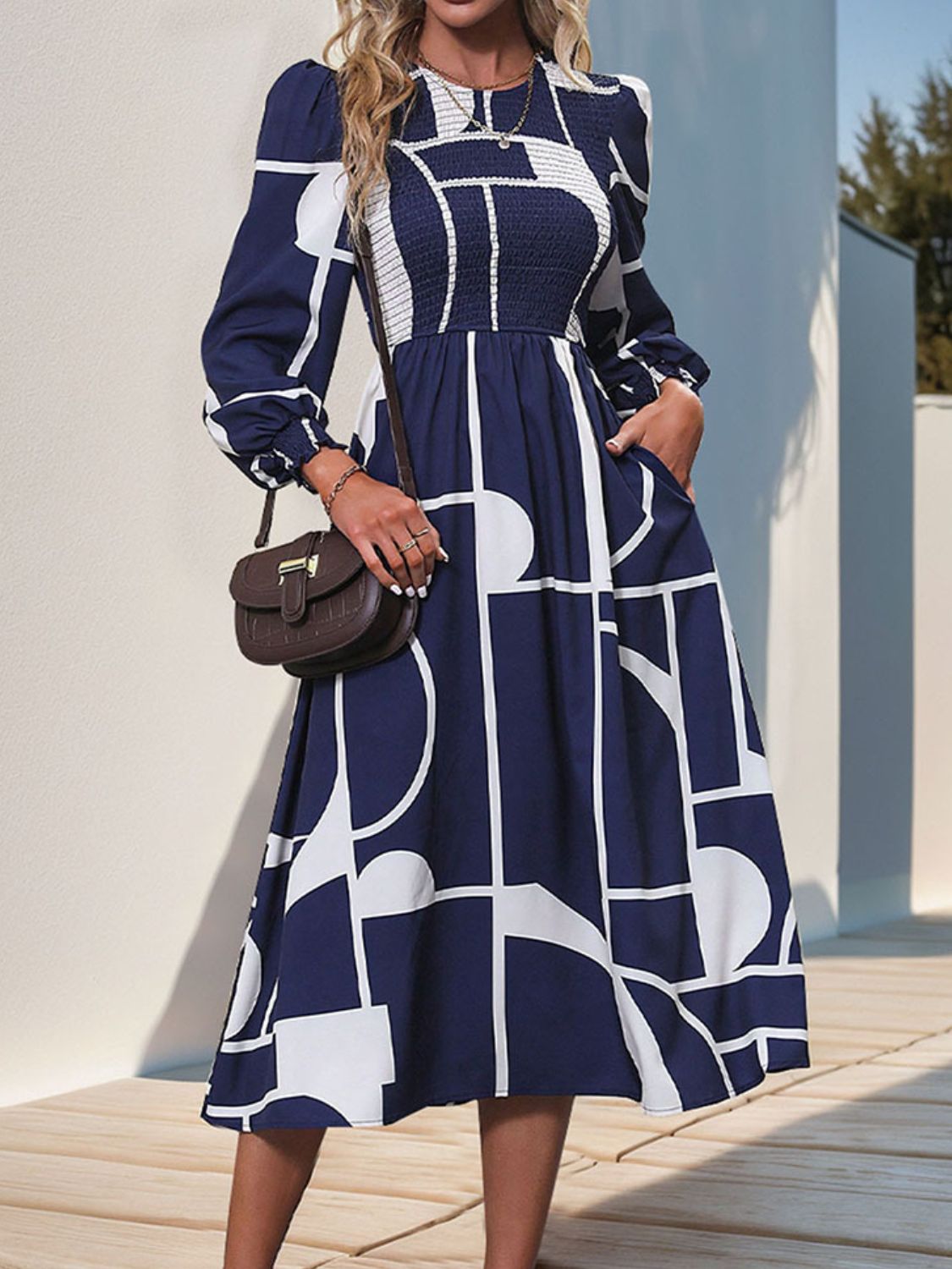 Smocked Color Block Long Sleeve Midi Dress - Siennasass