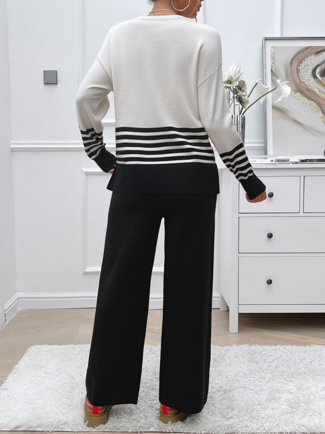 Devine Slit Striped Round Neck Top and Pants Sweater Set - Siennasass