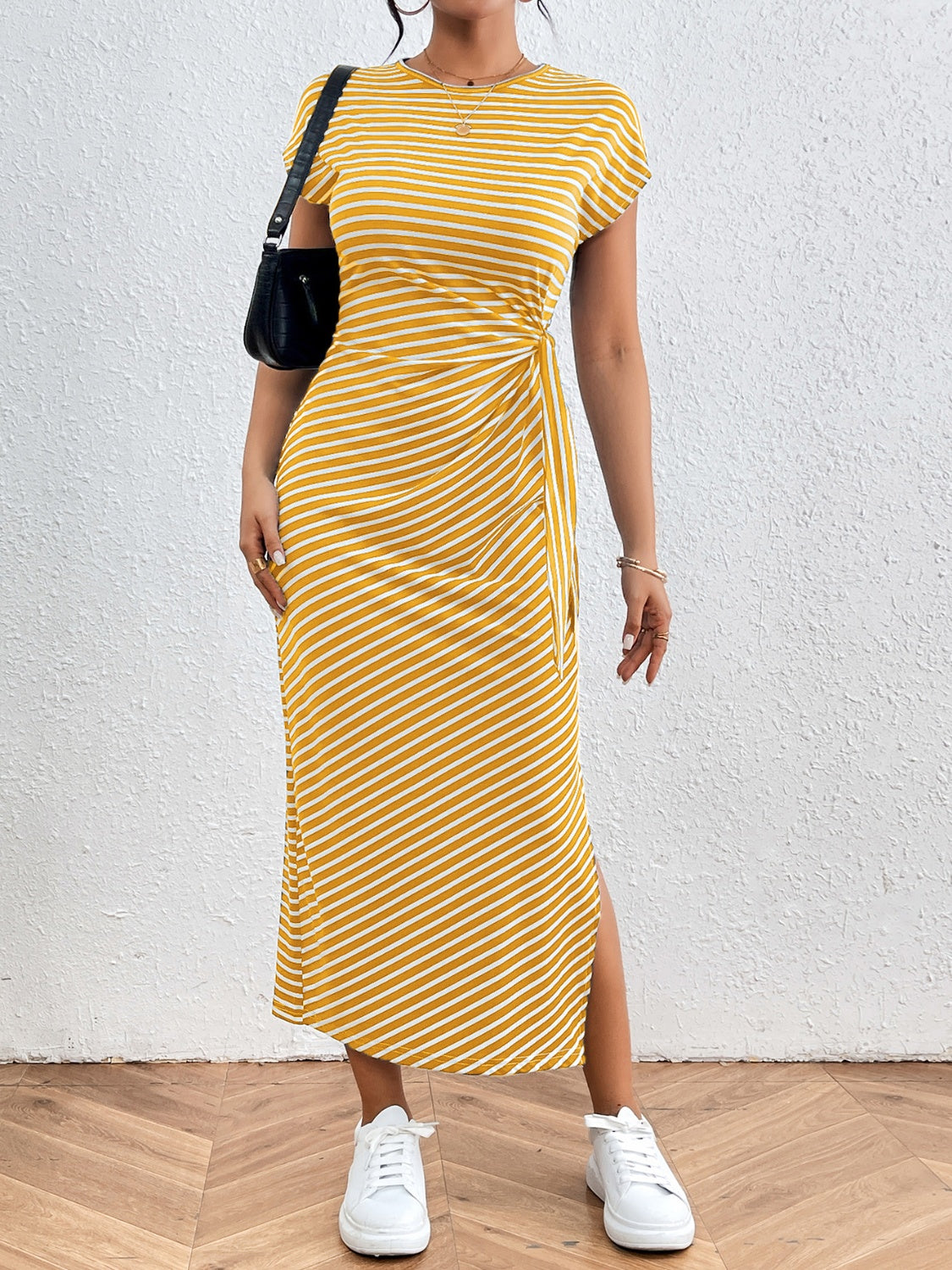 Tied Striped Round Neck Short Sleeve Tee Dress - Siennasass