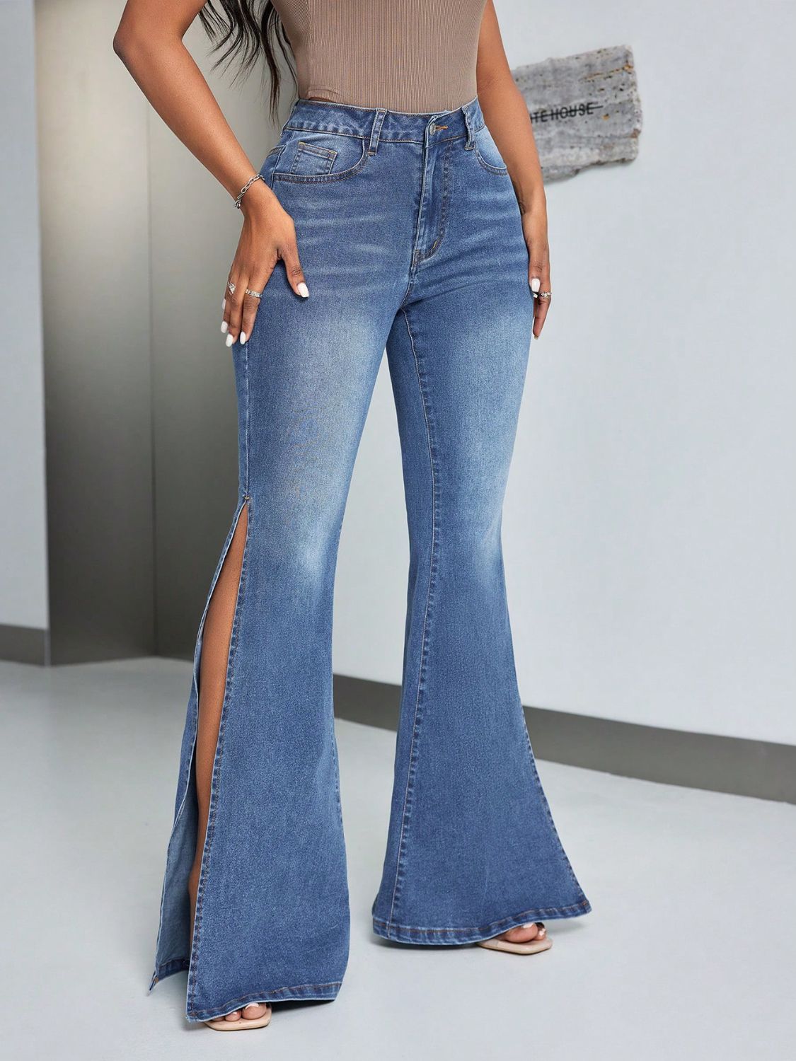 Slit Flare Jeans with Pockets