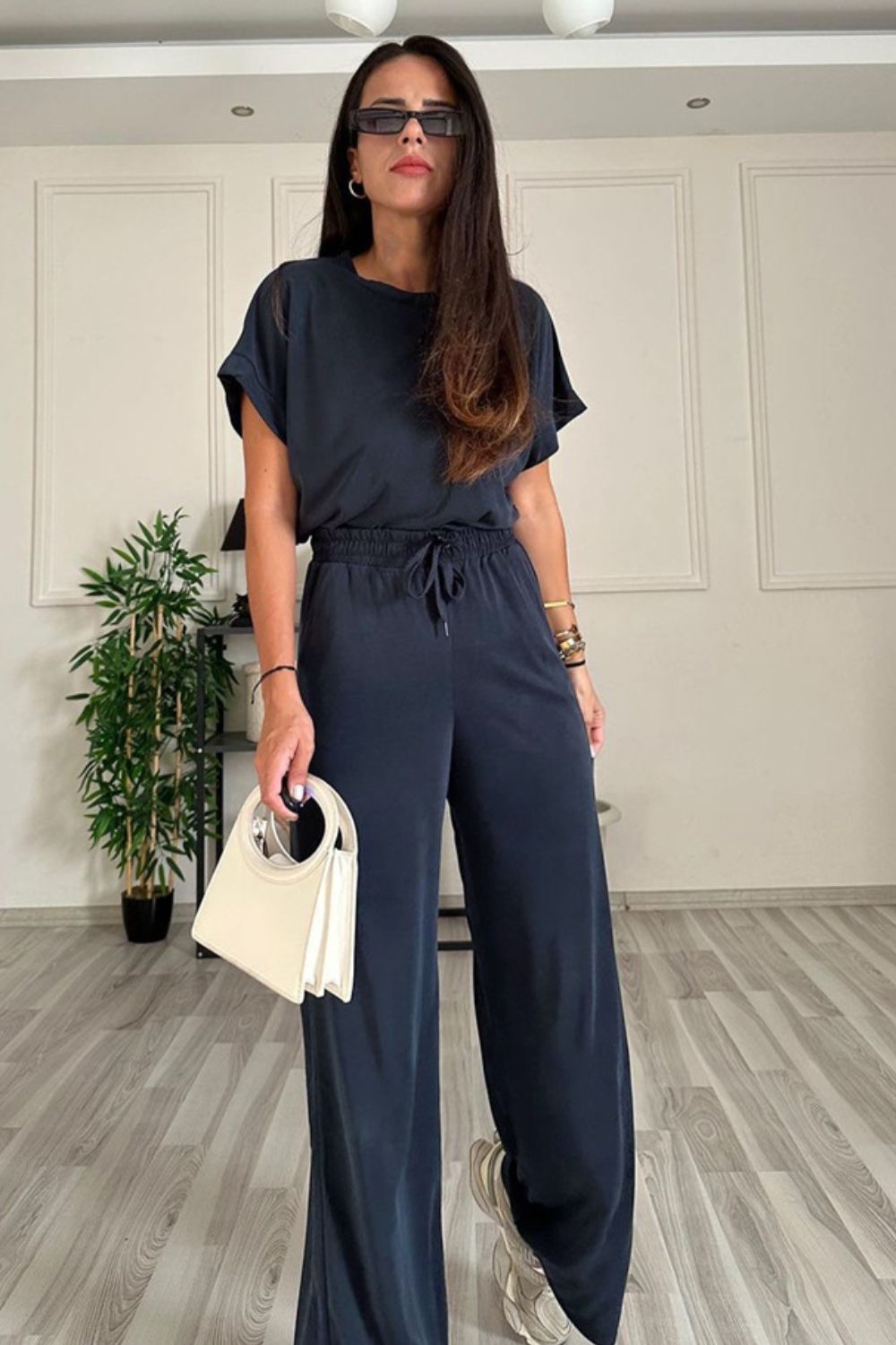 Round Neck Short Sleeve Top and Drawstring Pants Set - Siennasass