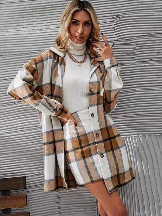 Plaid Button Up Long Sleeve Coat and Skirt Set - Siennasass