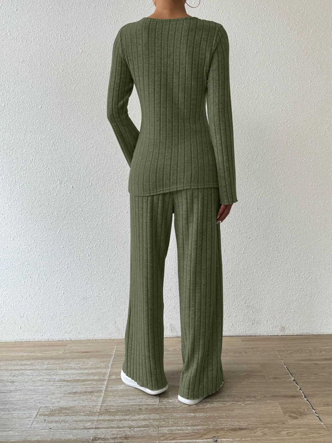 Ribbed V-Neck Long Sleeve Top and Pocketed Pants Set - Siennasass