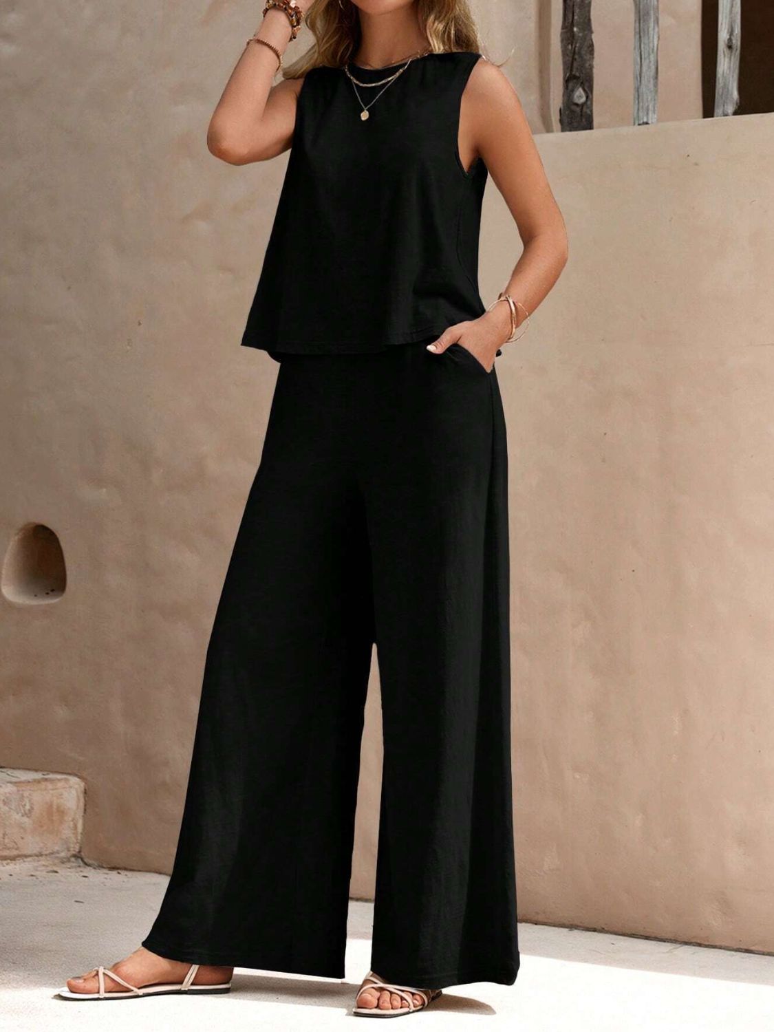 Round Neck Sleeveless Top and Wide Leg Pants Set - Siennasass