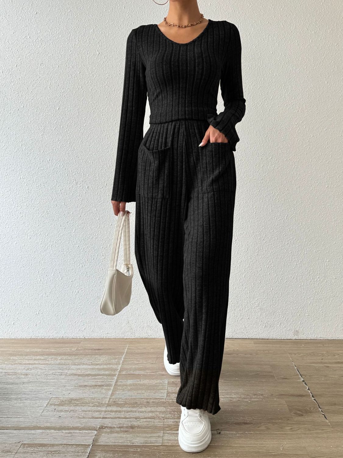 Ribbed V-Neck Long Sleeve Top and Pocketed Pants Set - Siennasass