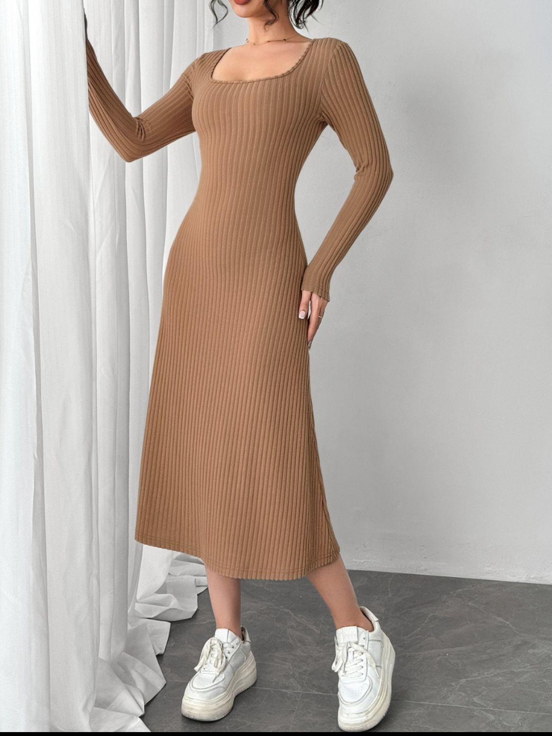 Square Neck Long Sleeve Midi Wrap Dress - Siennasass