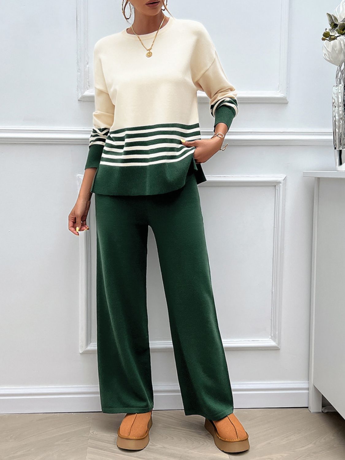 Devine Slit Striped Round Neck Top and Pants Sweater Set - Siennasass