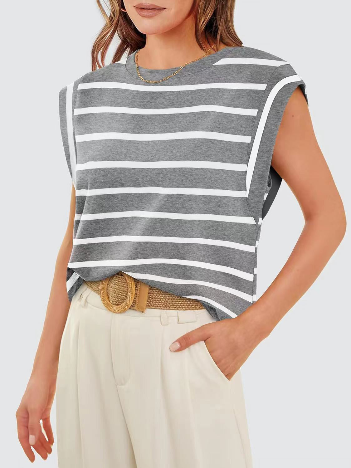 Striped Round Neck Cap Sleeve T-Shirt - Siennasass