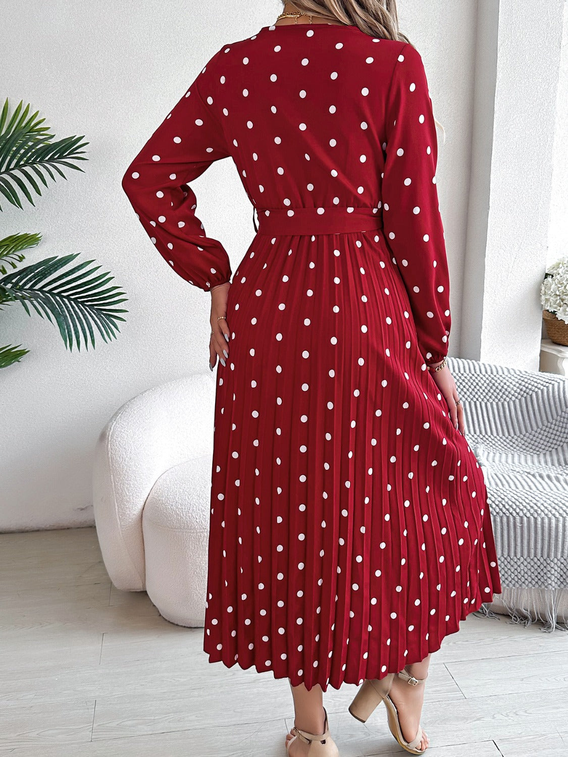 Tied Polka Dot Long Sleeve Midi Dress - Siennasass