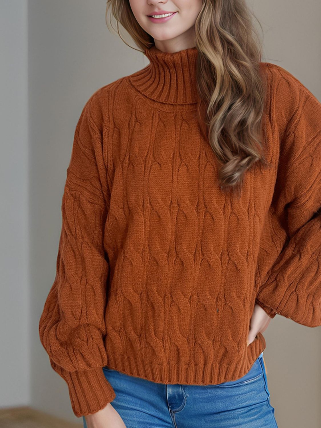 Cable-Knit Turtleneck Long Sleeve Sweater - Siennasass