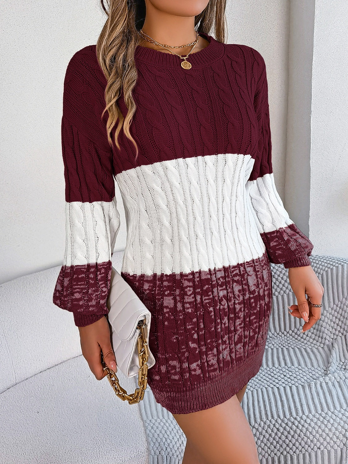 Cable-Knit Round Neck Color Block Sweater Dress - Siennasass