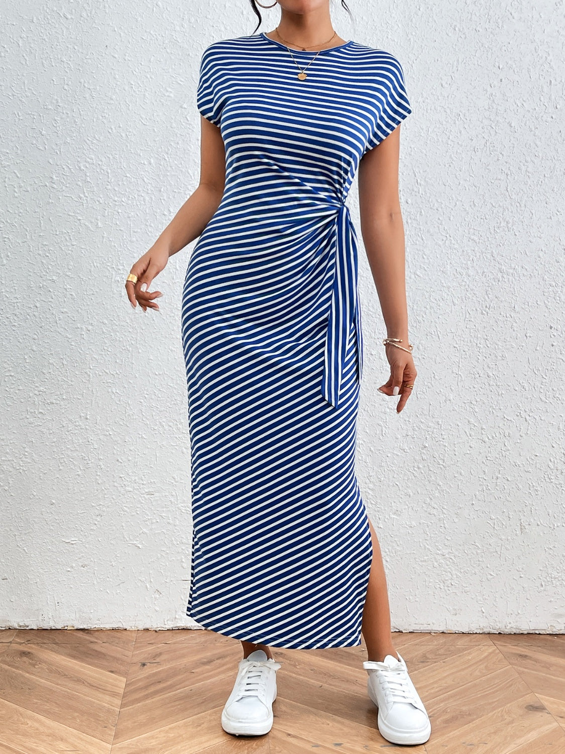 Tied Striped Round Neck Short Sleeve Tee Dress - Siennasass