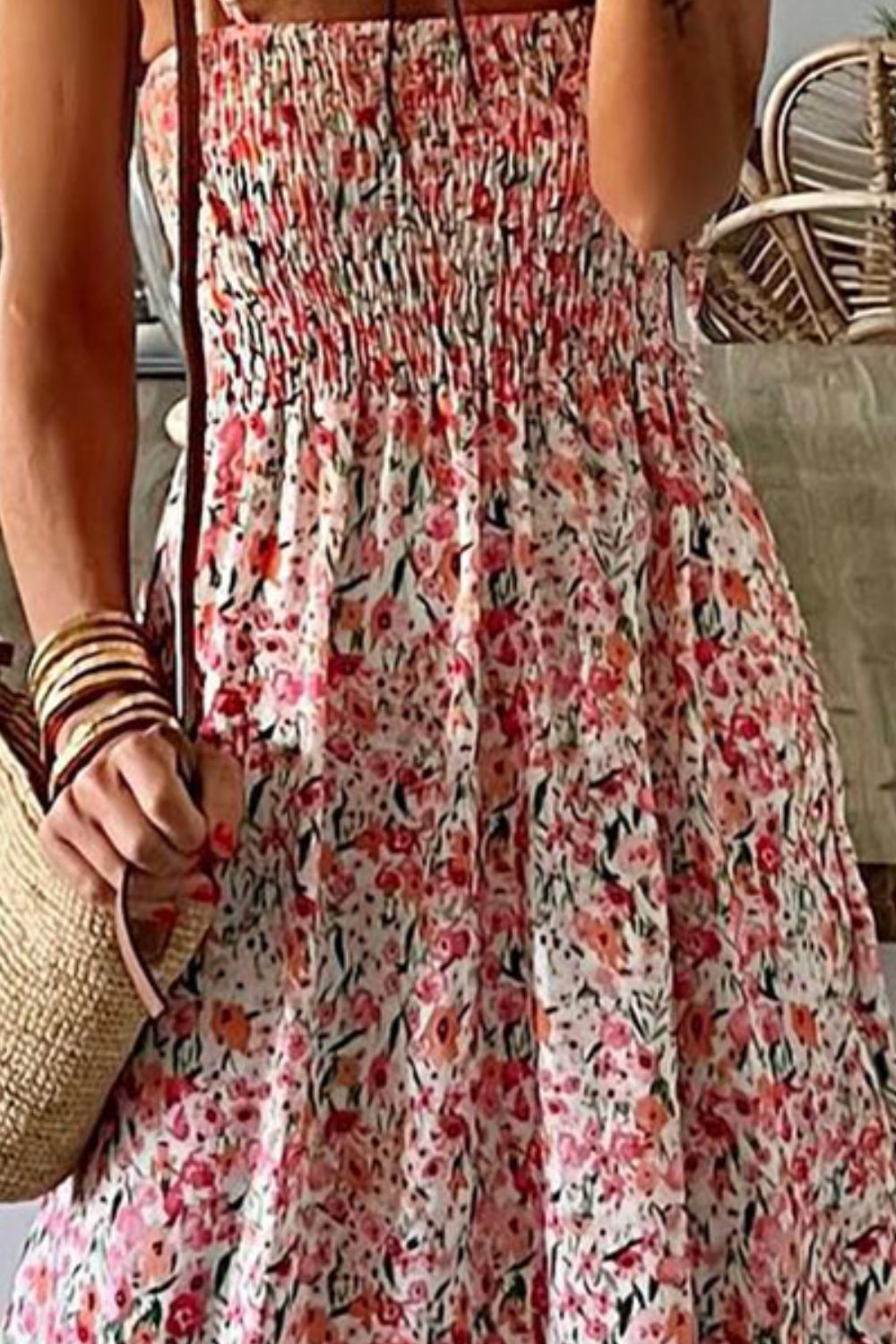 Smocked Floral Spaghetti Strap Dress - Siennasass