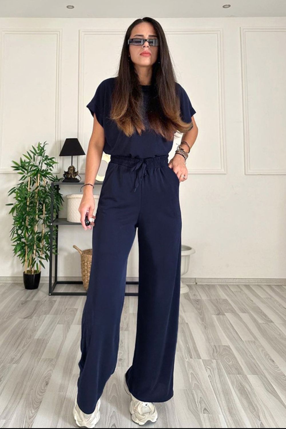 Round Neck Short Sleeve Top and Drawstring Pants Set - Siennasass