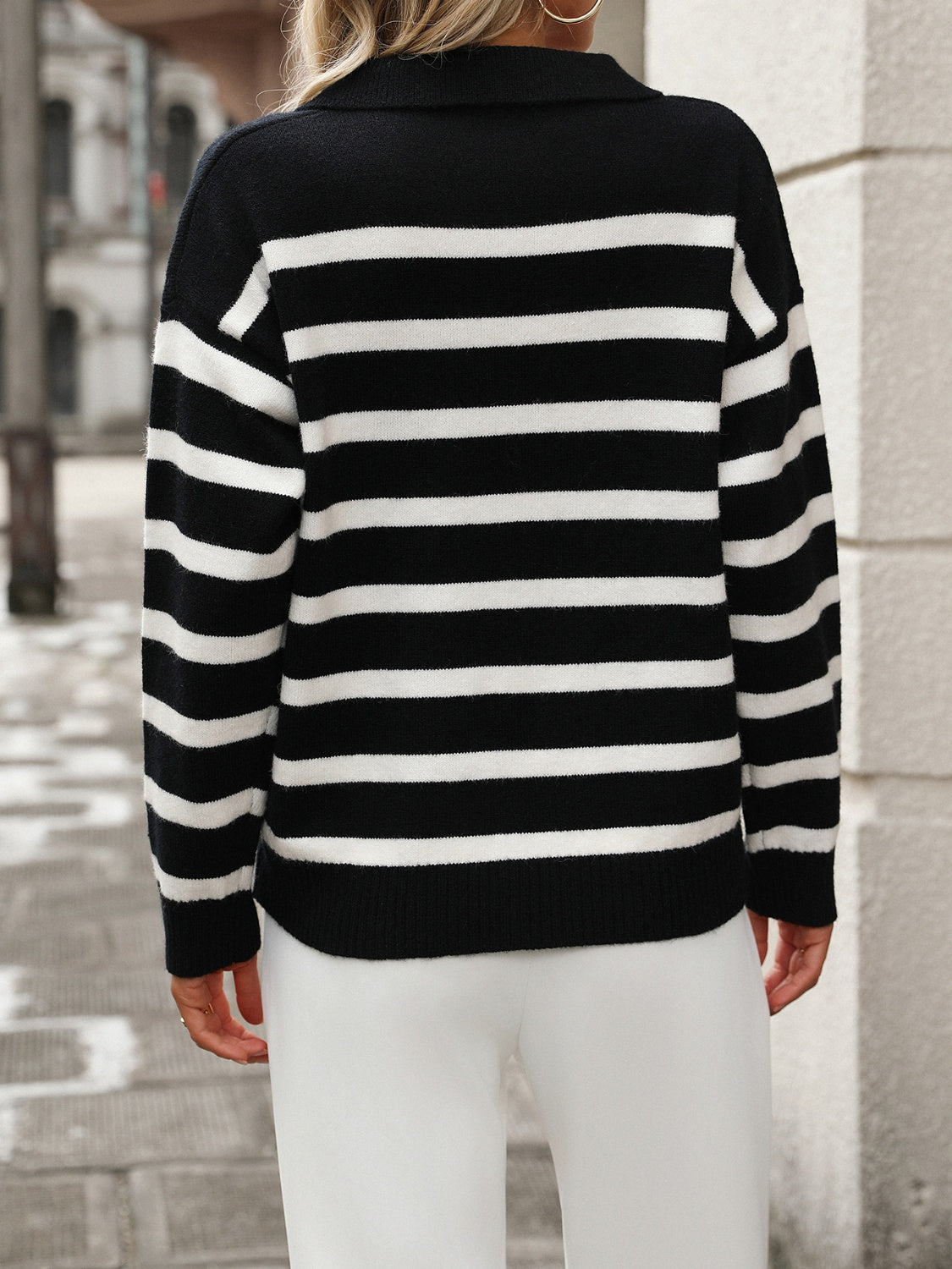 Striped Johnny Collar Long Sleeve Sweater