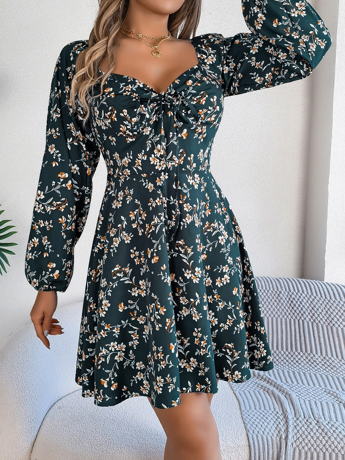 Printed Sweetheart Neck Balloon Sleeve Mini Dress