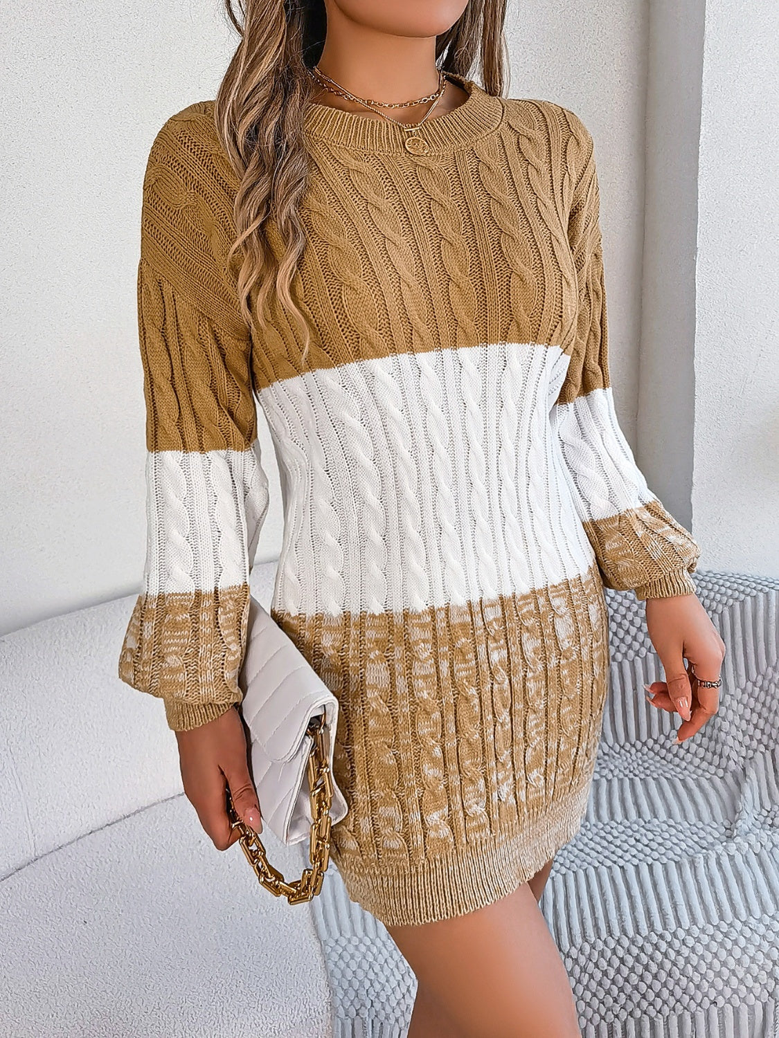 Cable-Knit Round Neck Color Block Sweater Dress - Siennasass