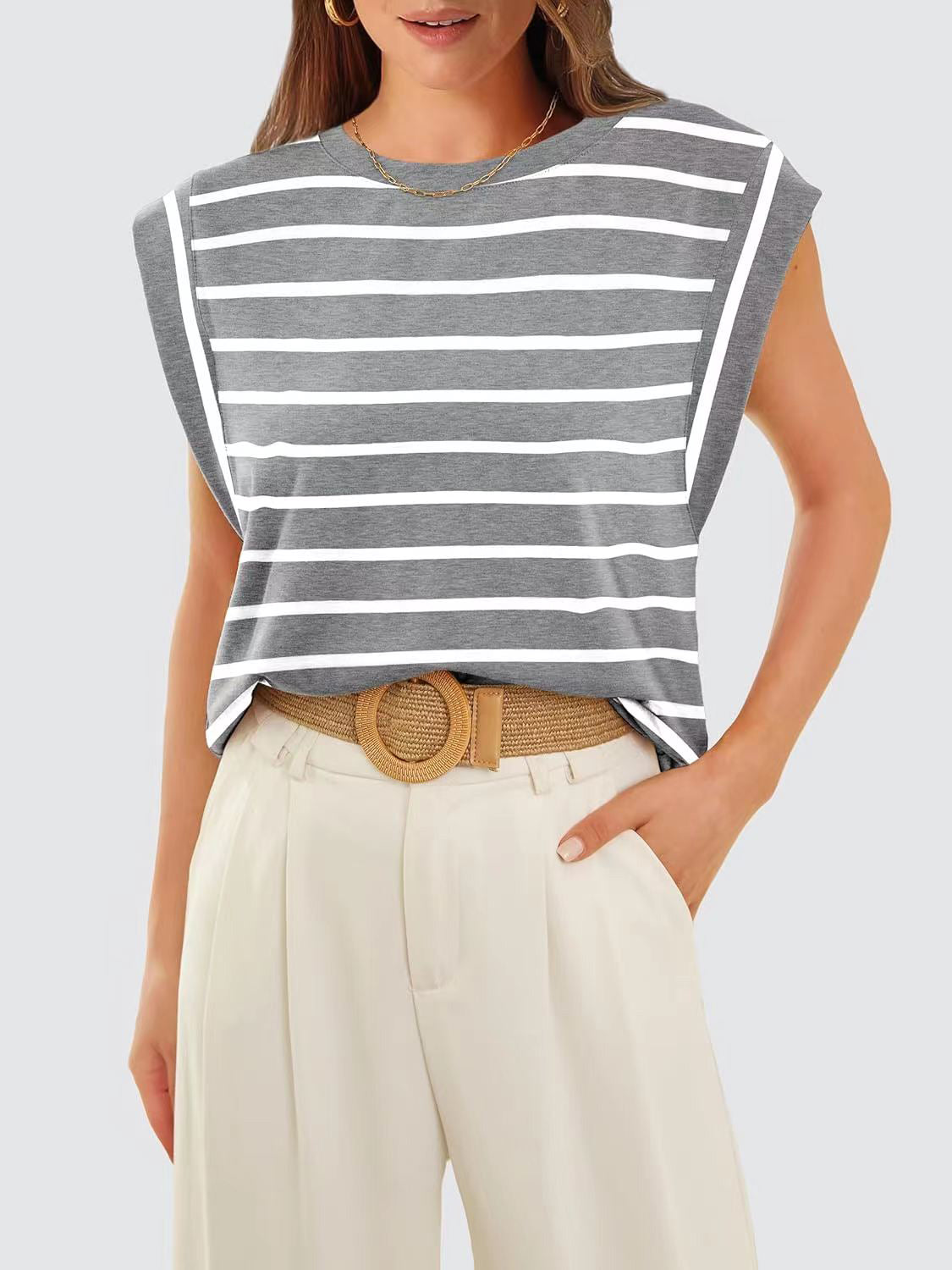 Striped Round Neck Cap Sleeve T-Shirt - Siennasass