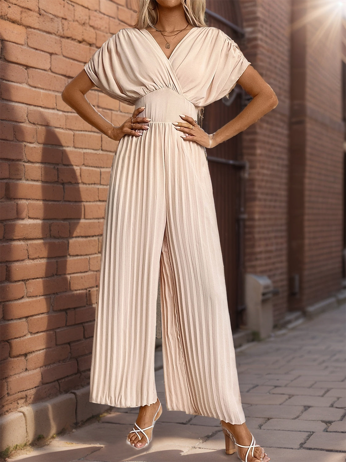 Pleated Short Sleeve Wide Leg Jumpsuit - Siennasass