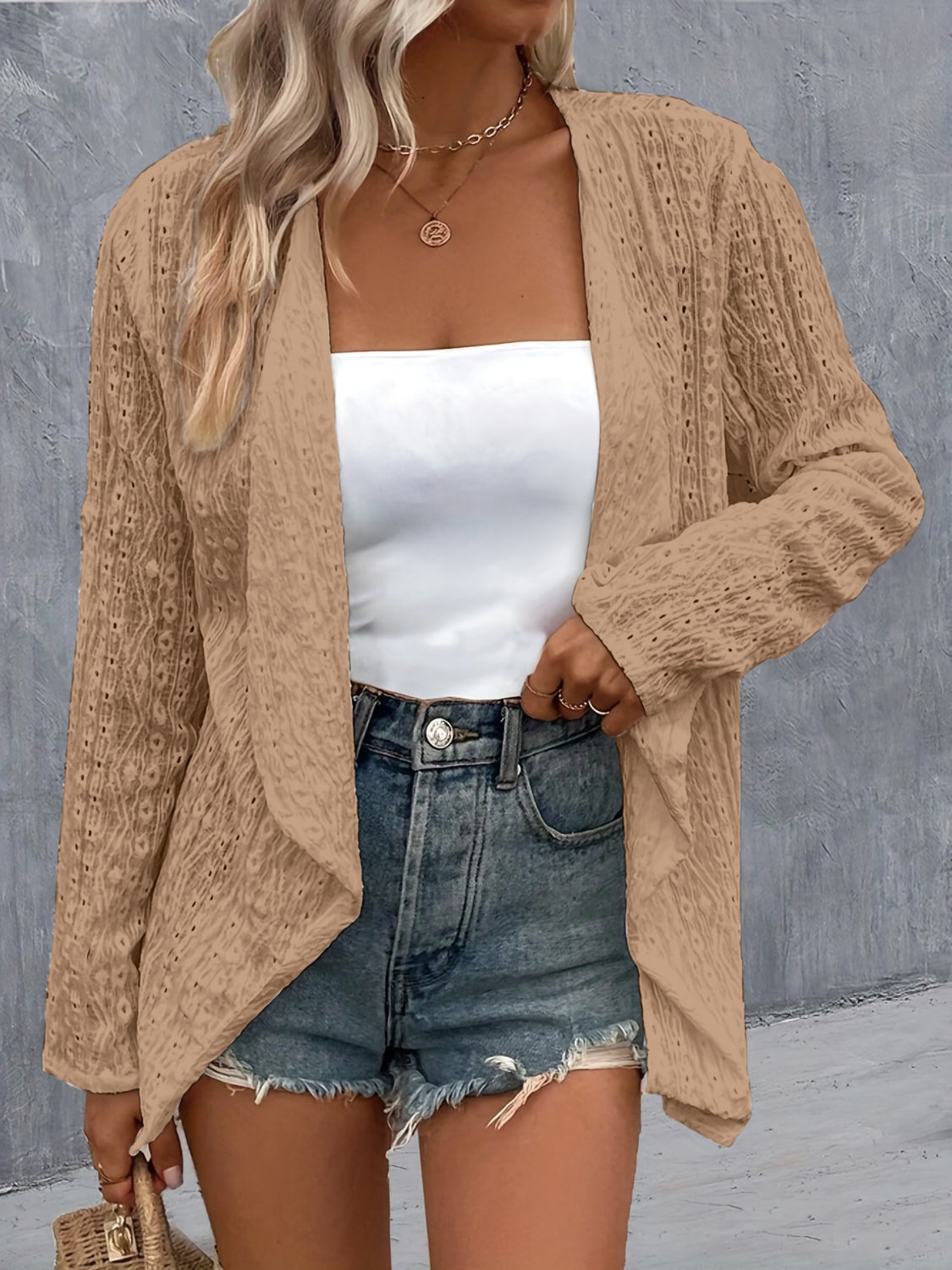 Eyelet Roll-Tab Sleeve Cardigan - Siennasass