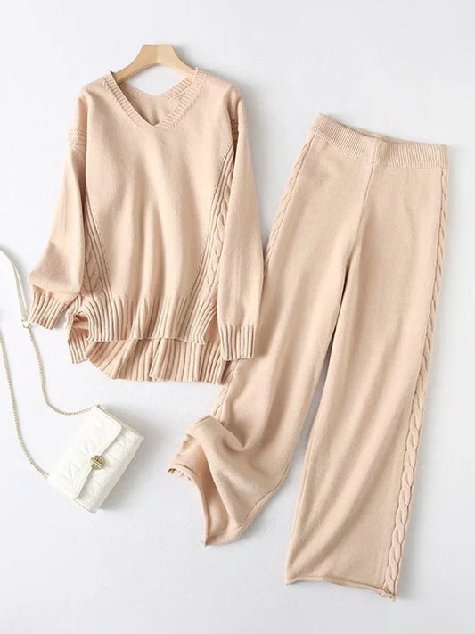 Slit V-Neck Long Sleeve Top and Pants Sweater Set - Siennasass