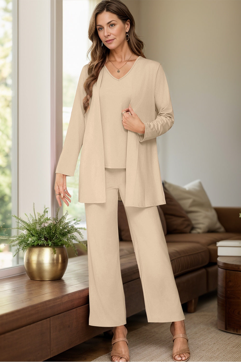 V-Neck Tank, Long Sleeve Cover-Up and Pants Three Piece Set - Siennasass