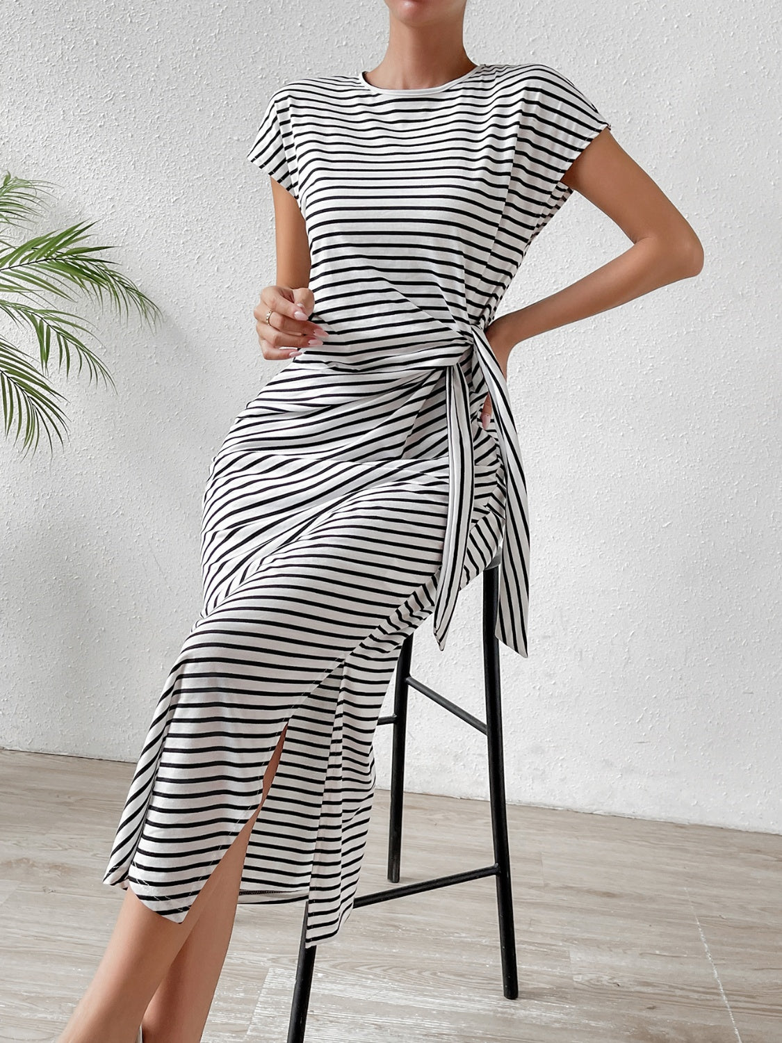 Tied Striped Round Neck Short Sleeve Tee Dress - Siennasass