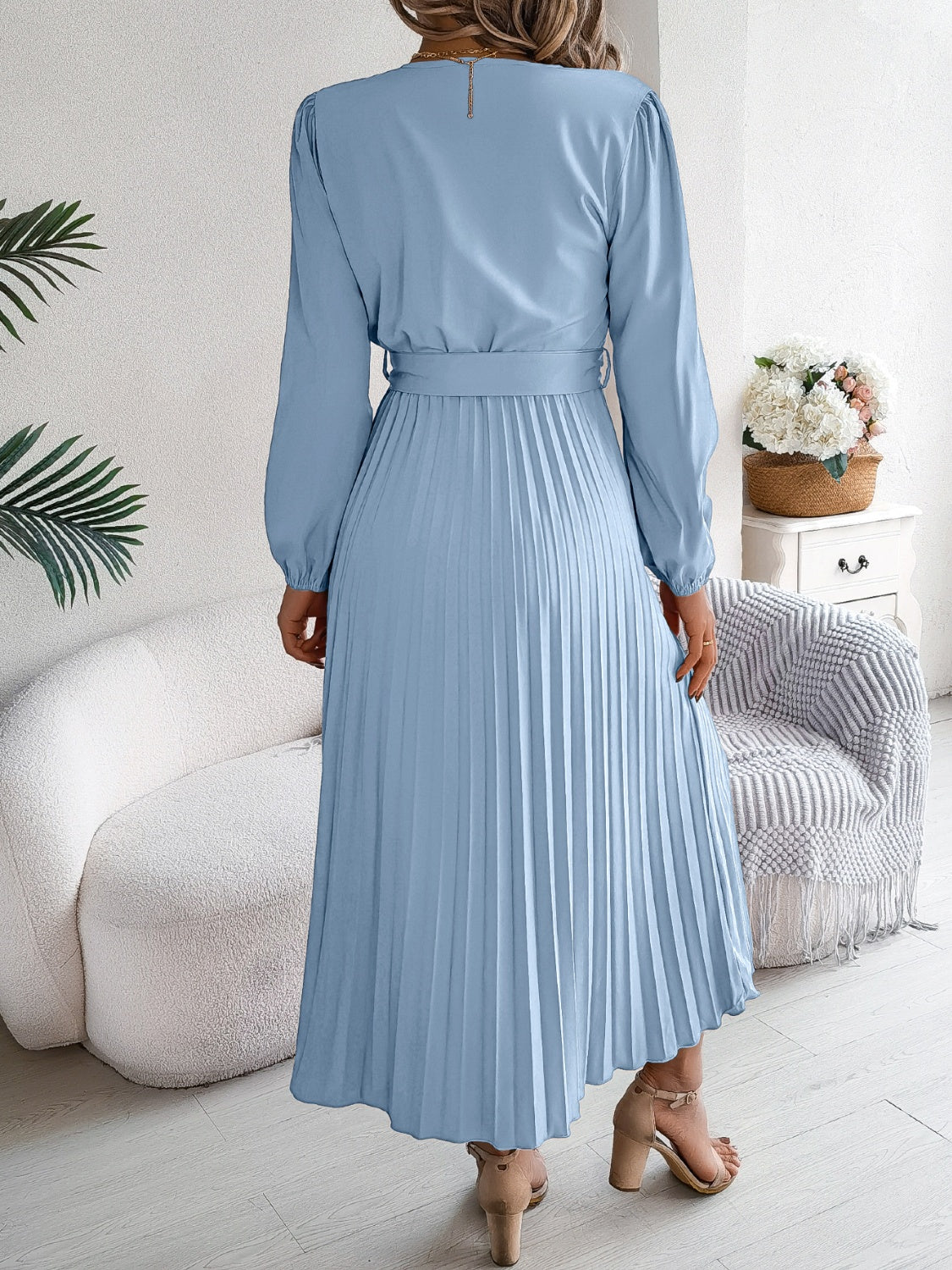 Pleated Tied V-Neck Long Sleeve Dress