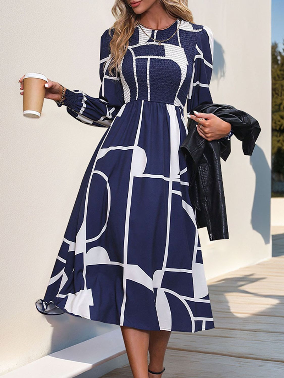 Smocked Color Block Long Sleeve Midi Dress - Siennasass