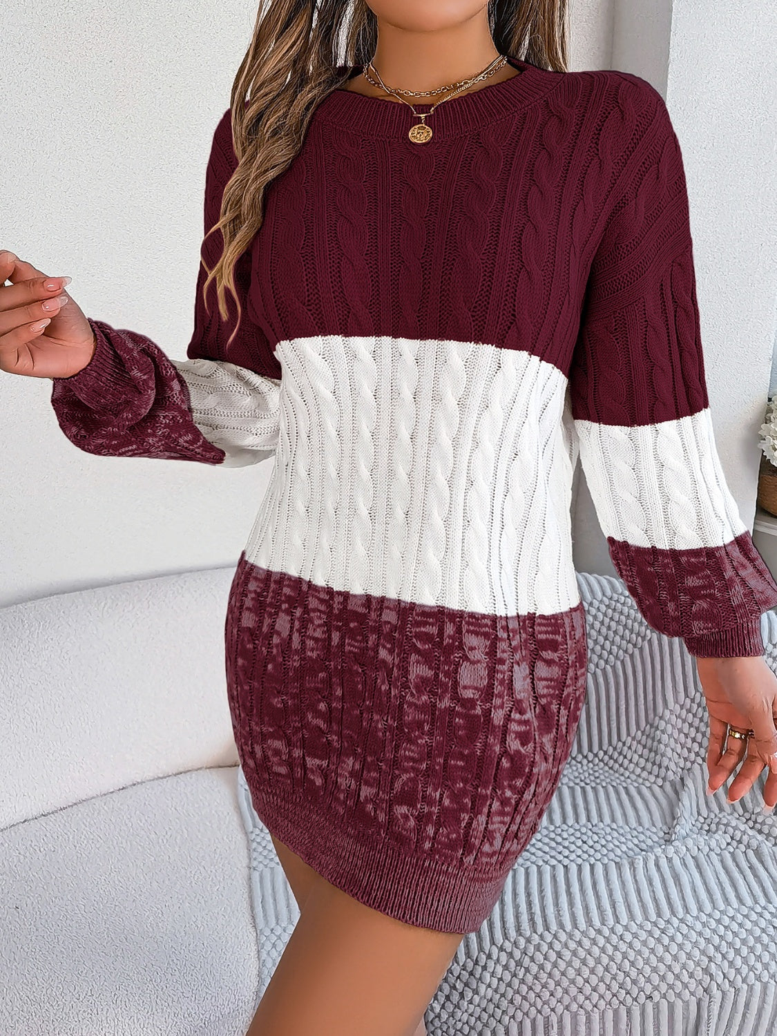 Cable-Knit Round Neck Color Block Sweater Dress - Siennasass