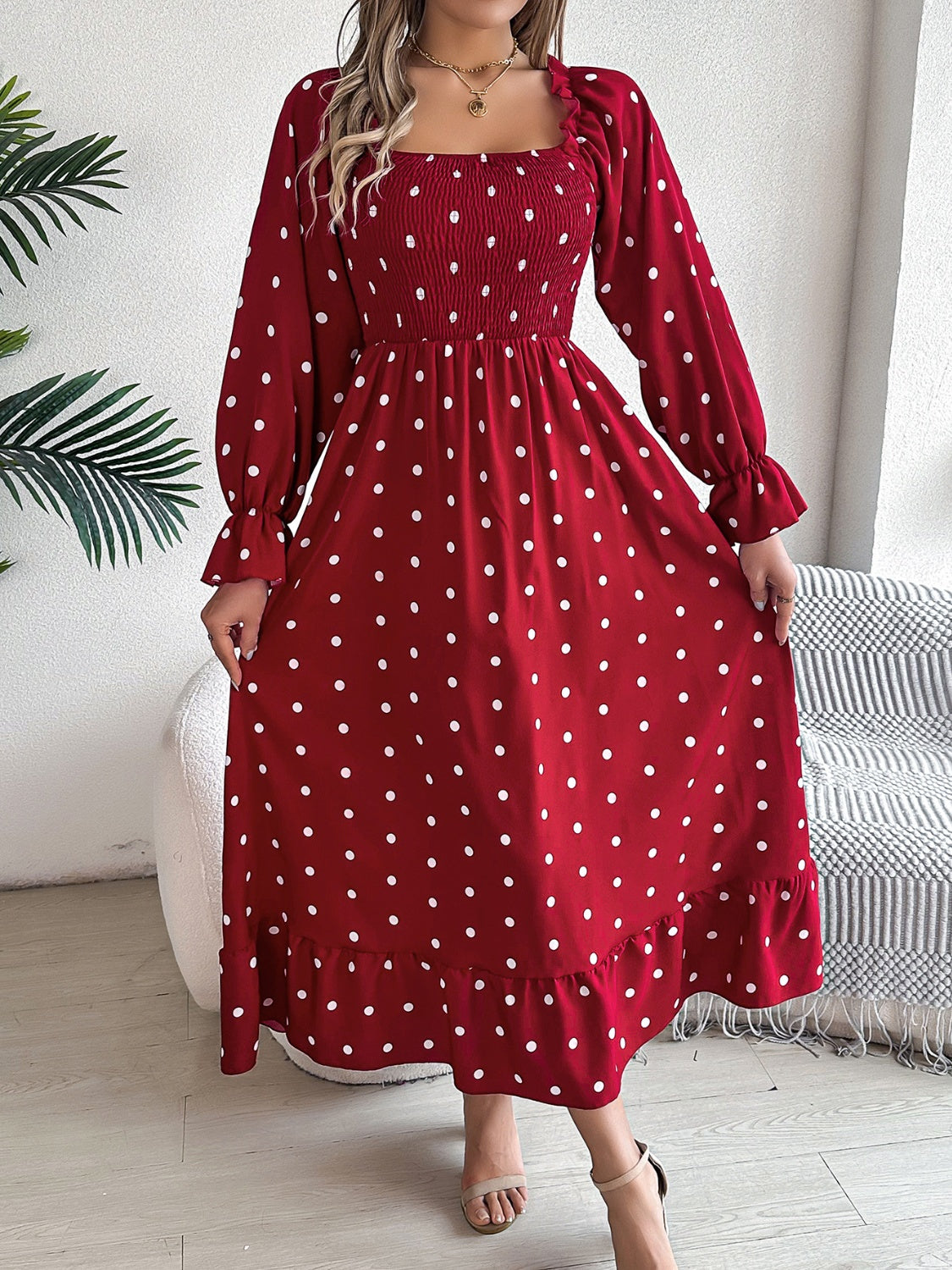 Polka Dot Flounce Sleeve Midi Dress - Siennasass