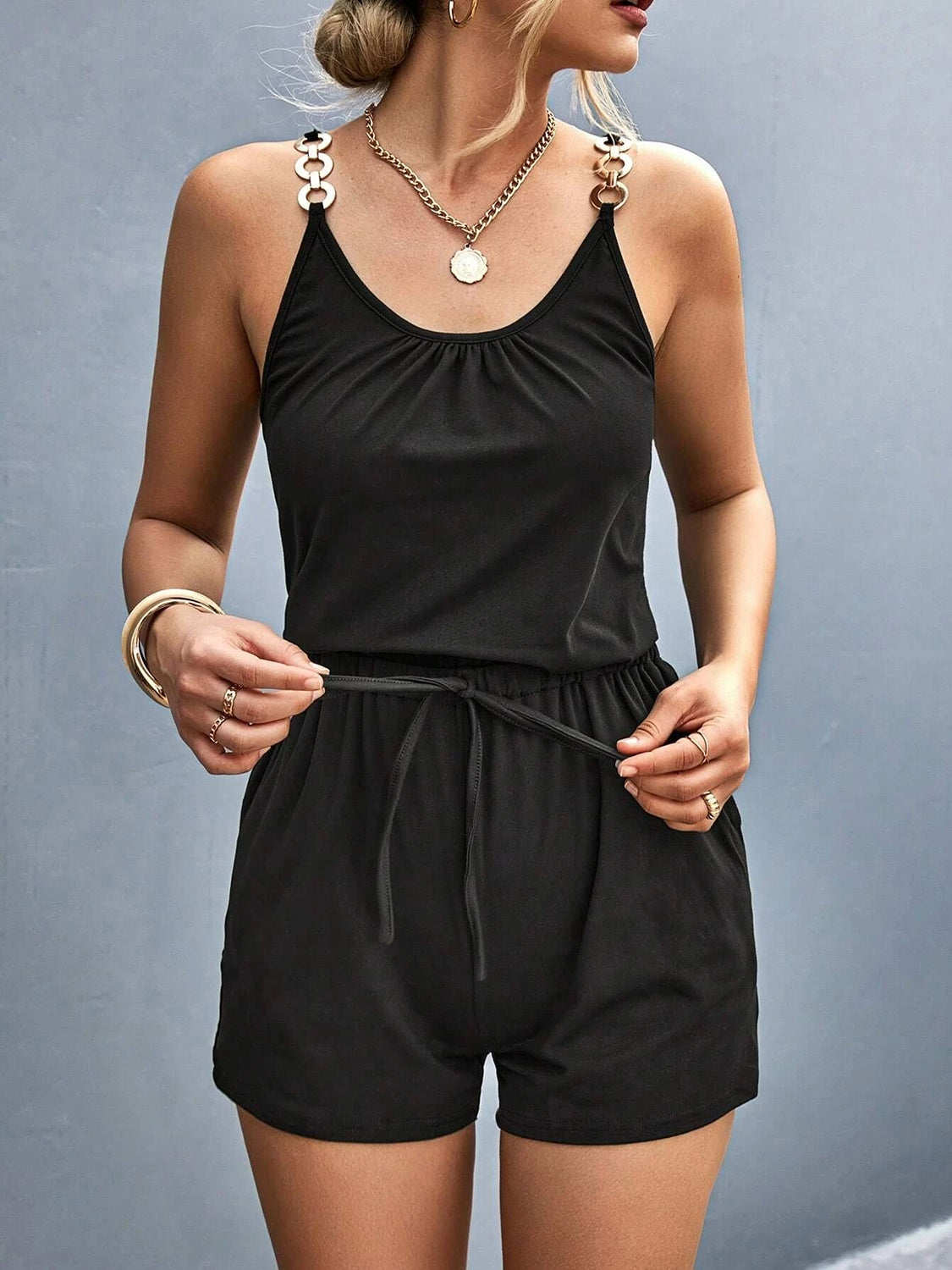 Pocketed Buckle Trim Scoop Neck Romper - Siennasass