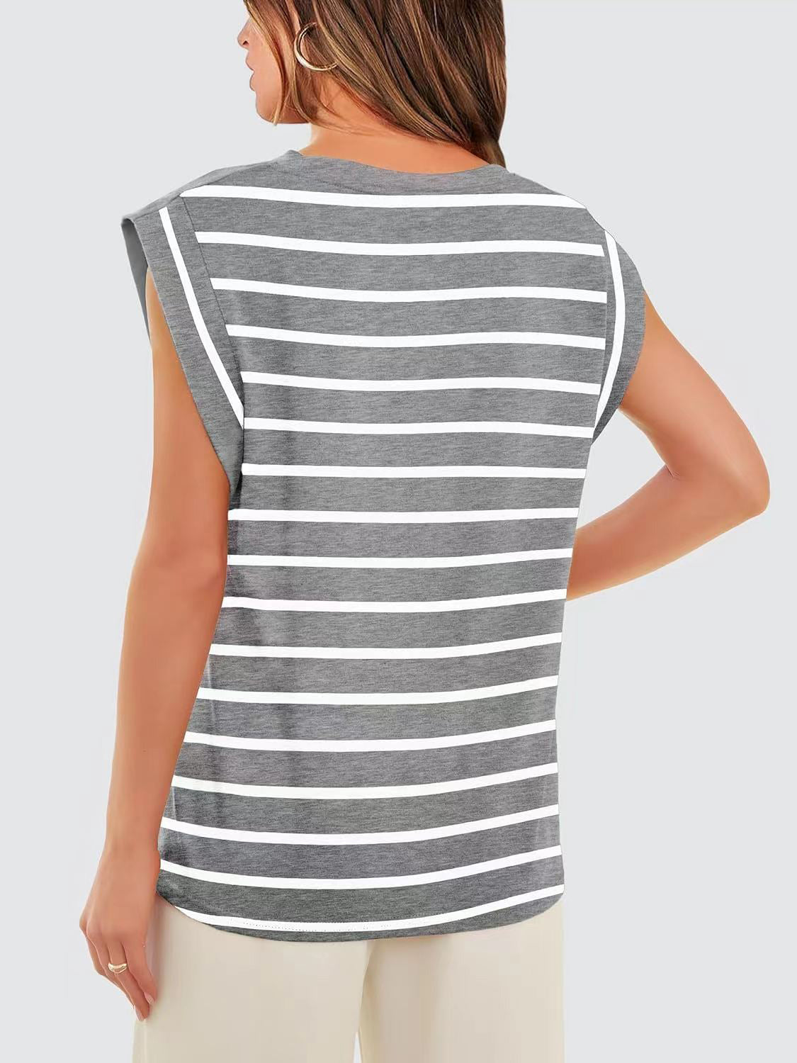 Striped Round Neck Cap Sleeve T-Shirt - Siennasass