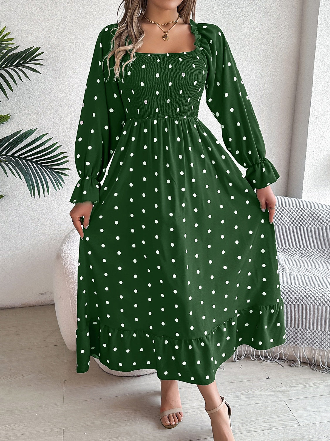 Polka Dot Flounce Sleeve Midi Dress - Siennasass