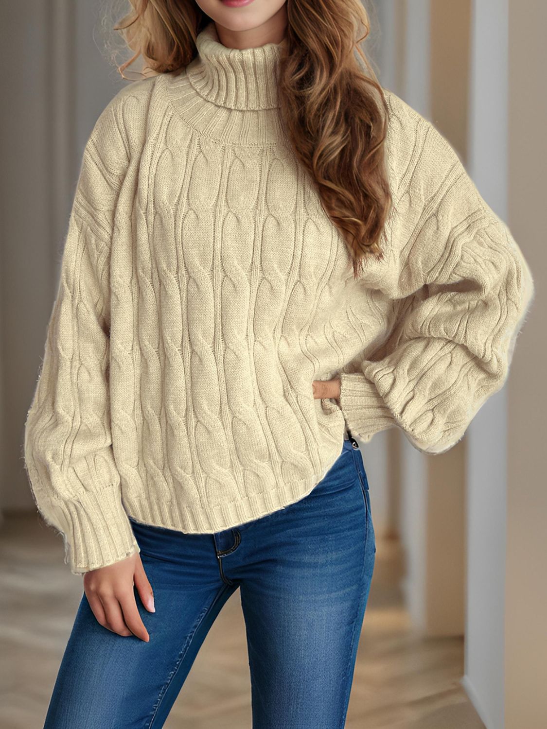 Cable-Knit Turtleneck Long Sleeve Sweater - Siennasass