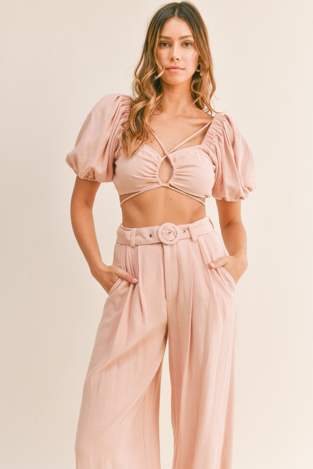 MABLE Cut Out Drawstring Crop Top and Belted Pants Set - Siennasass