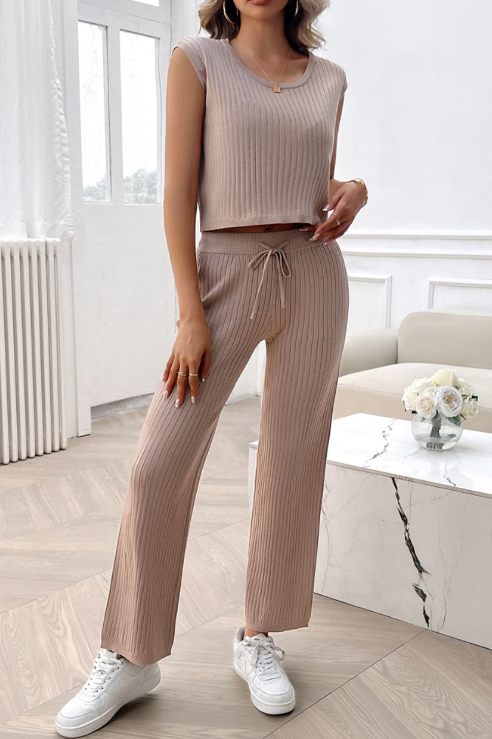 Devine Ribbed Round Neck Top and Pants Set - Siennasass