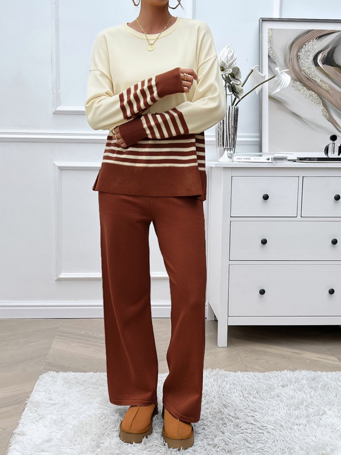 Devine Slit Striped Round Neck Top and Pants Sweater Set - Siennasass