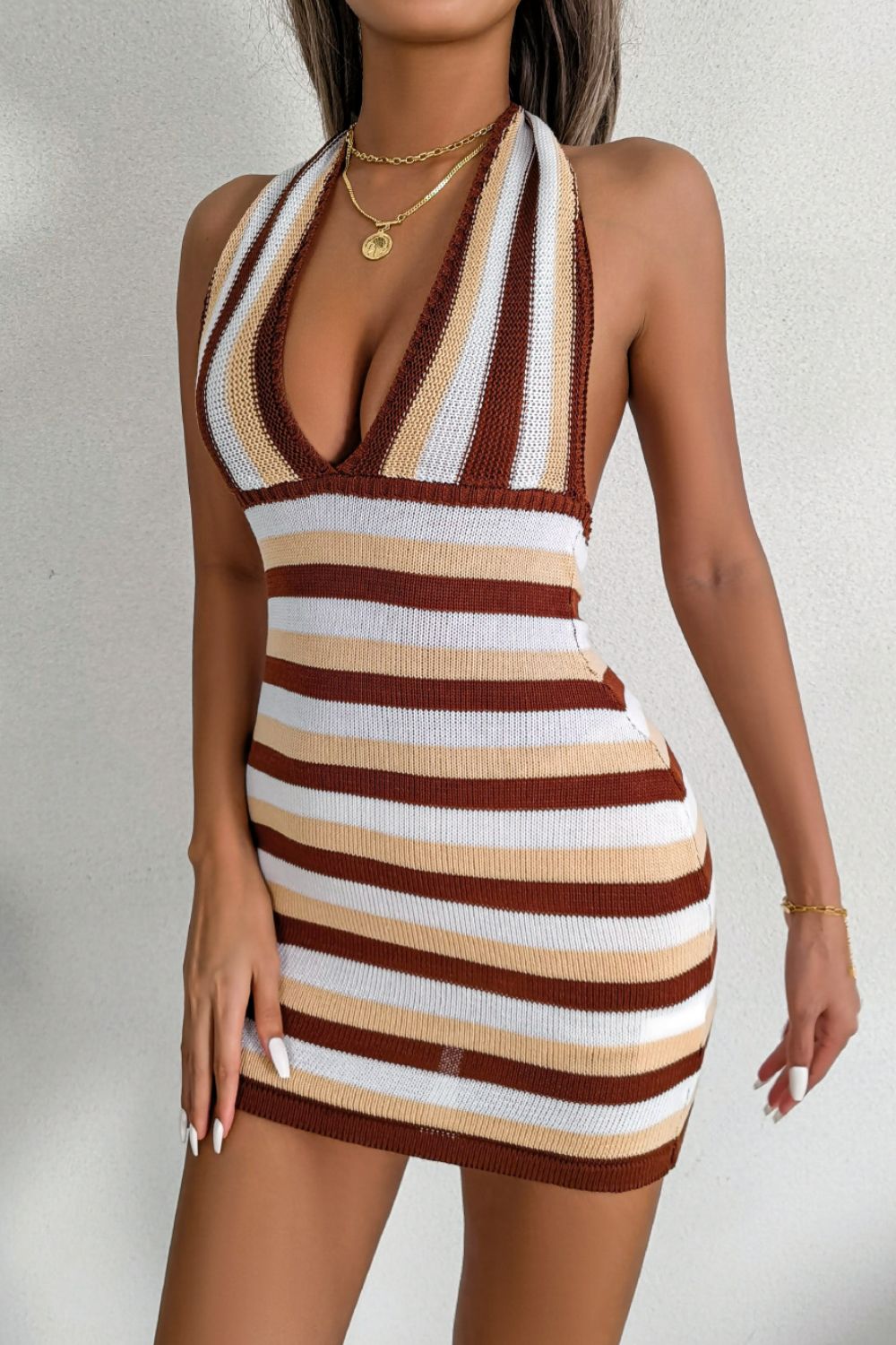 Striped Halter Neck Backless Knit Mini Dress - Siennasass