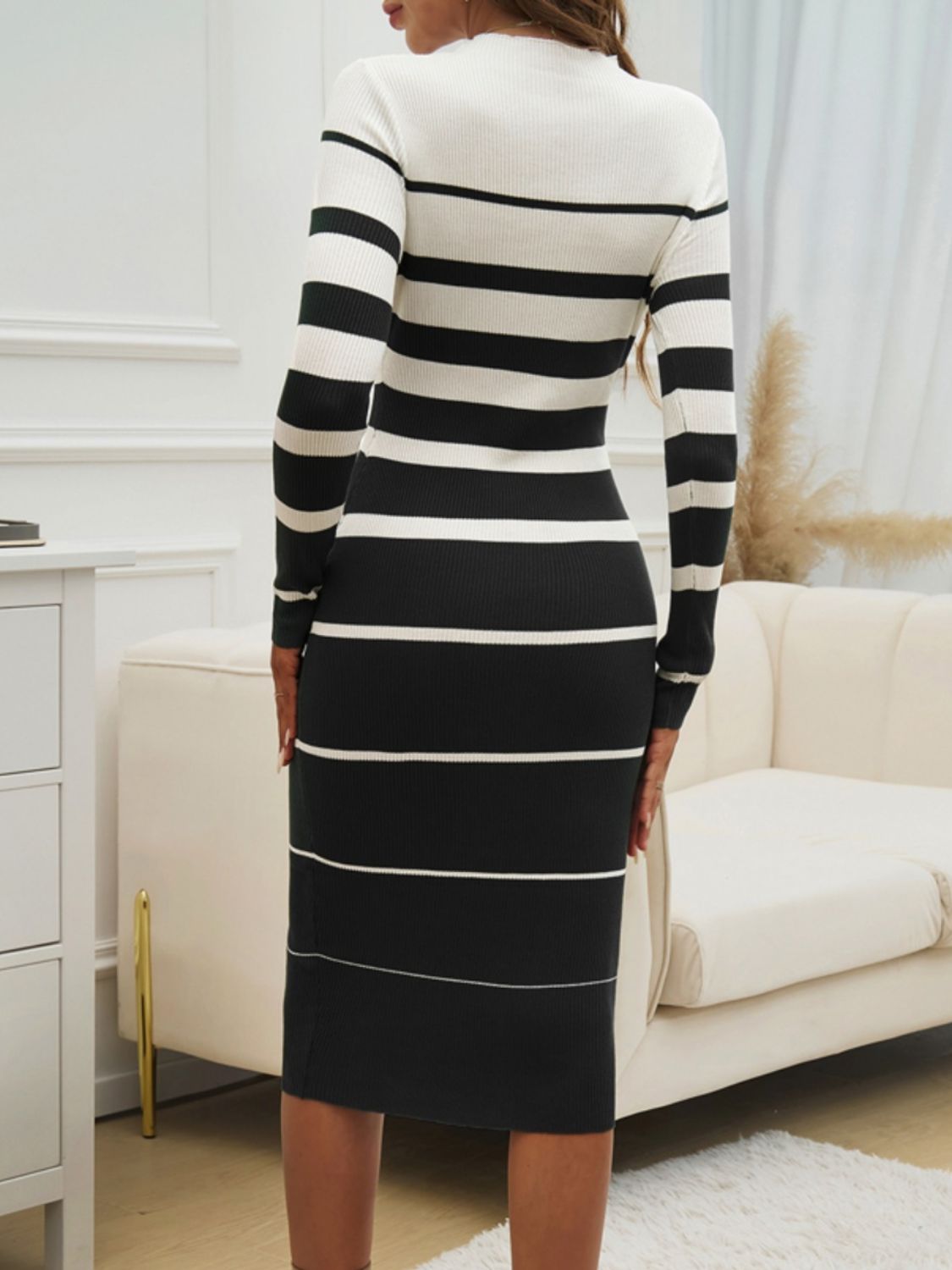 Color Block Round Neck Long Sleeve Midi Dress