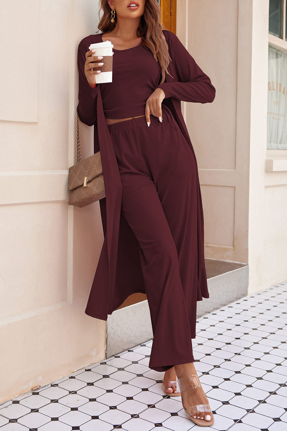 Drawstring Tank, Long Sleeve Cover Up and Pants Set - Siennasass