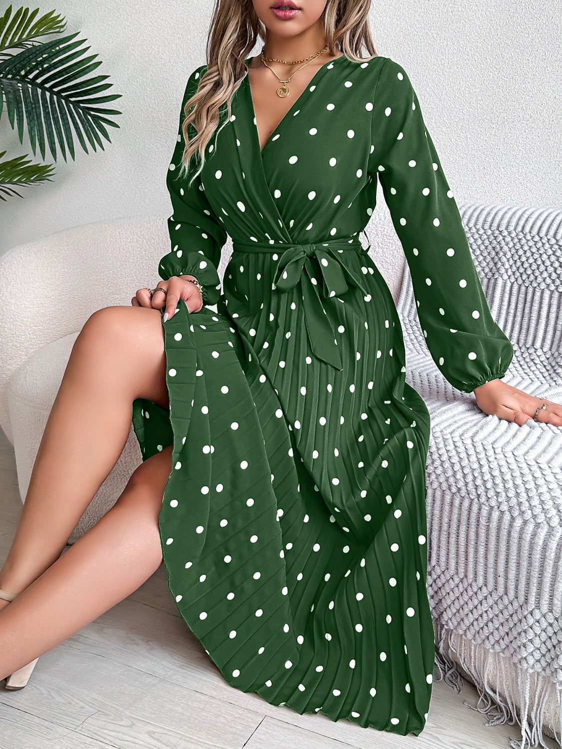 Tied Polka Dot Long Sleeve Midi Dress - Siennasass