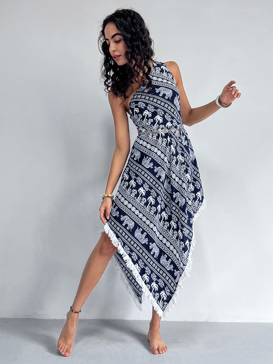 Fringe Printed Single Shoulder Dress - Siennasass