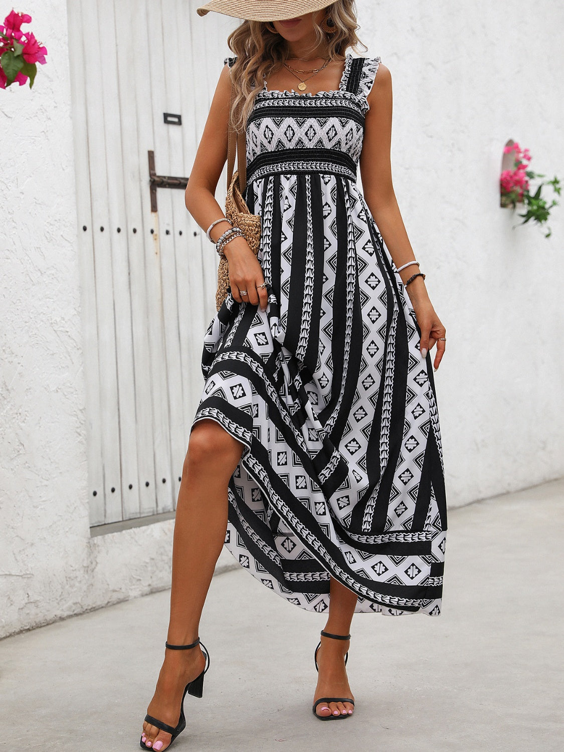 Printed Square Neck Wide Strap Cami Dress - Siennasass