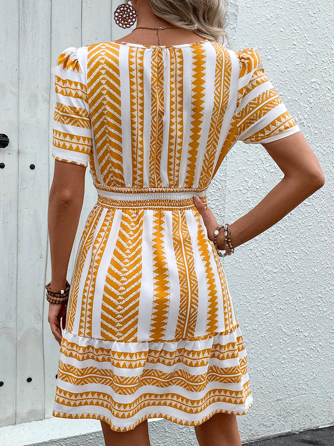 Geometric Notched Short Sleeve Mini Dress