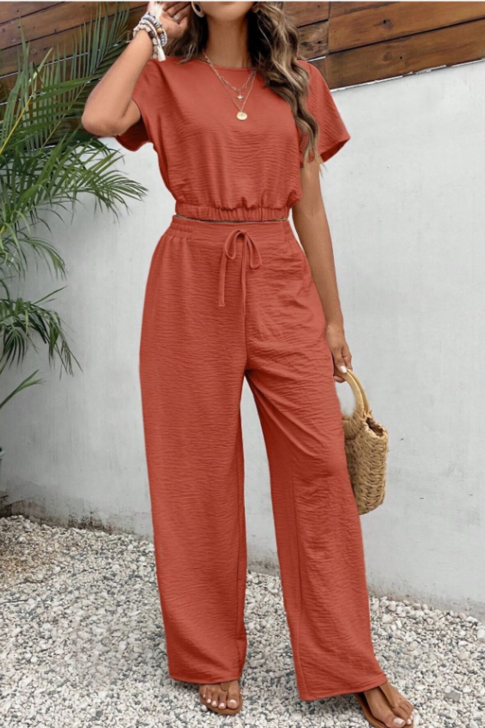 Round Neck Short Sleeve Top and Pants Set - Siennasass