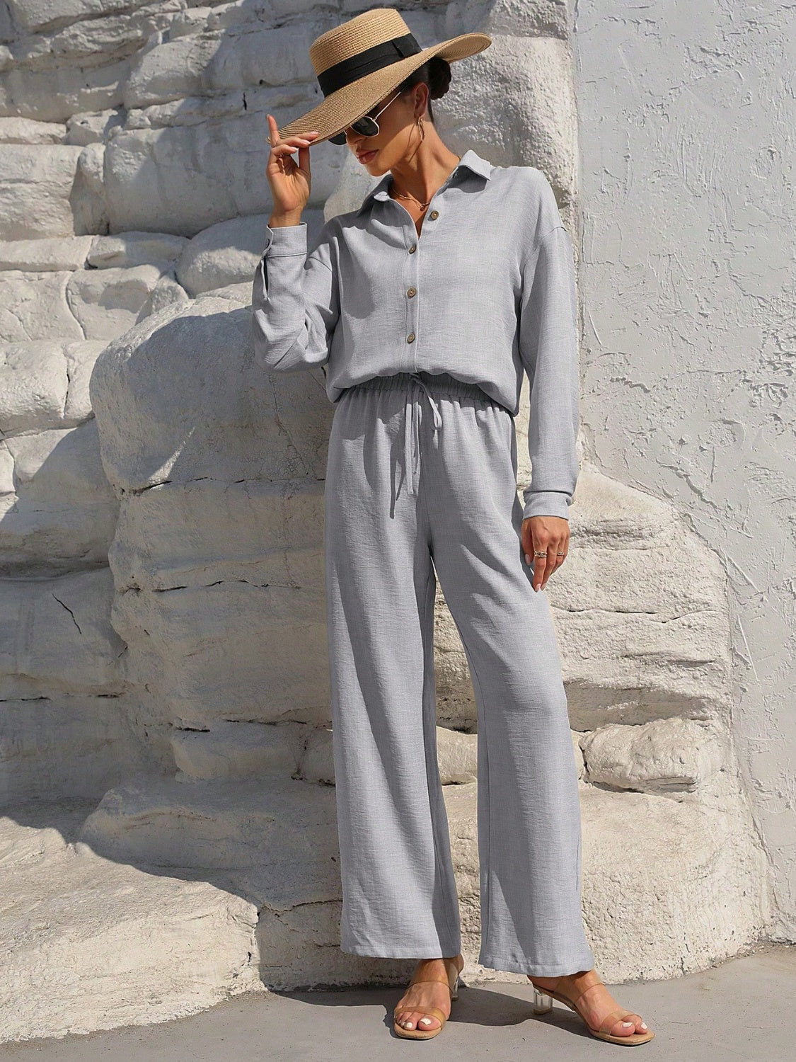 Honey Button Up Long Sleeve Top and Pants Set - Siennasass